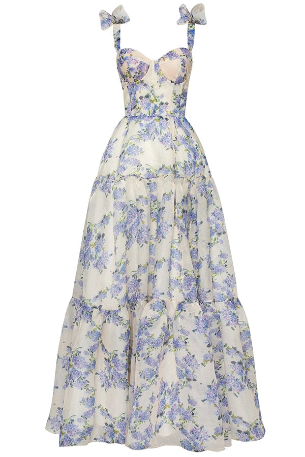 Vestido largo Fairytale Itself de organza con estampado floral y tirantes anudados