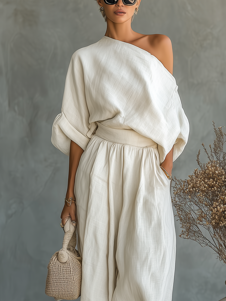 Conjunto de lino blanco roto para mujer con top de hombros descubiertos y pantalones de corte entallado • Talla S1