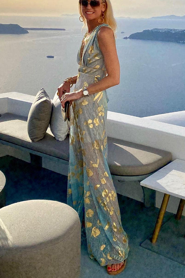 Vestido largo Historias de Atardecer Dorado con escote de pico