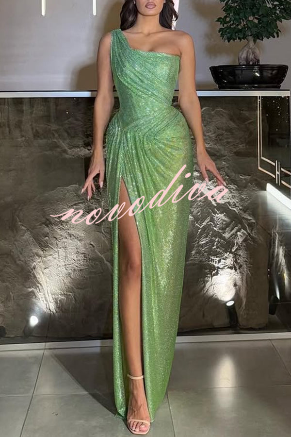 Vestido largo de gala Elisabeth de lentejuelas asimétrico con plisado, abertura y caída drapeada