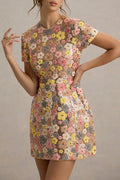 Minivestido elástico de lentejuelas con estampado floral inspiración años 80 y manga corta