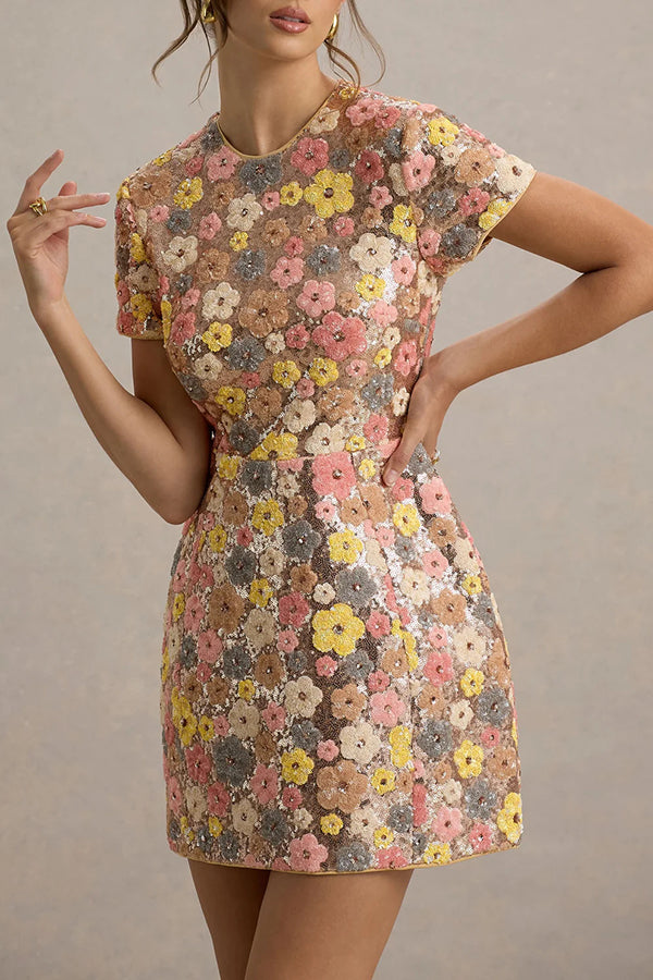 Minivestido elástico de lentejuelas con estampado floral inspiración años 80 y manga corta