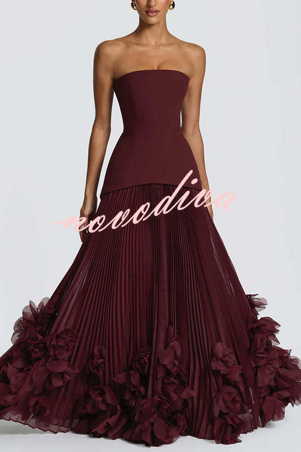 Vestido largo de gala Serafina palabra de honor con apliques florales hechos a mano, bajo plisado y lazada en la espalda