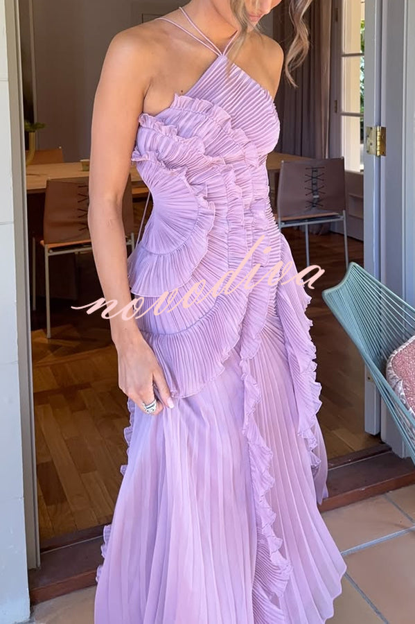 Vestido largo de gala halter Dream Ode con pliegues y volantes estilo nenúfar