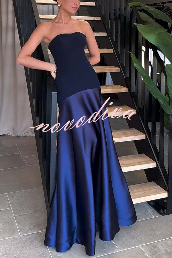 Vestido largo de gala palabra de honor de satén con paneles y vuelo, elegancia atemporal