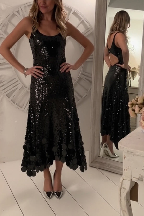 Vestido largo de tirantes Consejos de Fiesta de lentejuelas con bajo de flecos redondos irregulares y abertura en la espalda