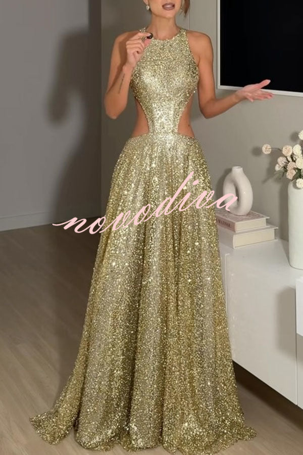 Vestido largo con vuelo Dazzling Night de lentejuelas con cuello redondo, abertura en la cintura y espalda descubierta