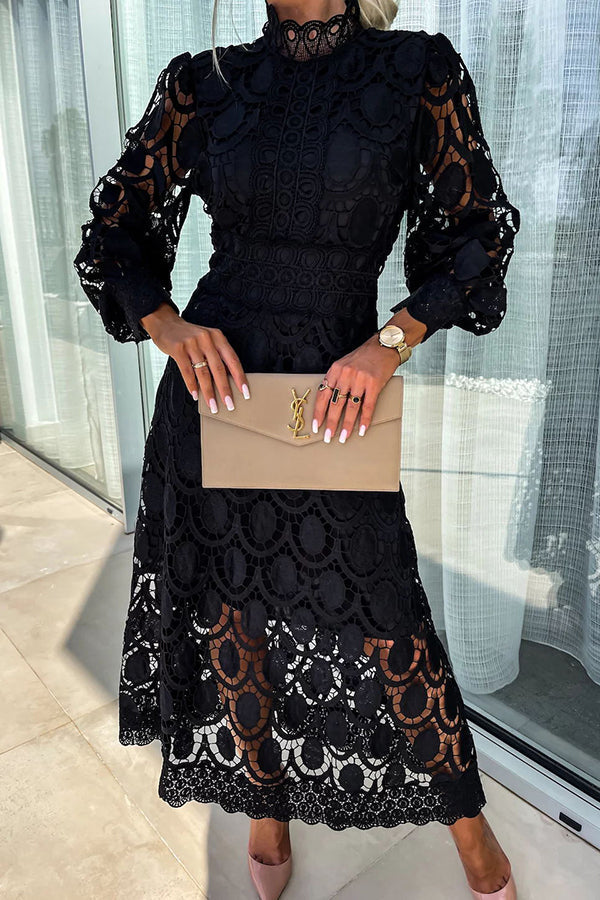 Vestido midi de fiesta Romántico, Sensual y Elegante de encaje de ganchillo con manga farol
