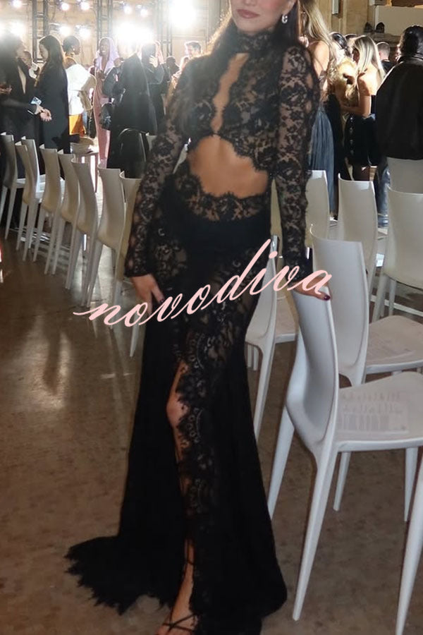 Vestido largo elástico Dark Night Charm de encaje transparente con aberturas y manga larga