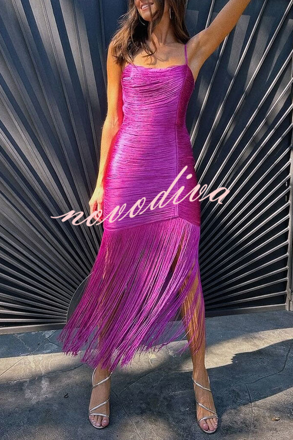 Vestido largo lencero Cocktail Party con flecos, cuello caído, sin mangas y bajo drapeado