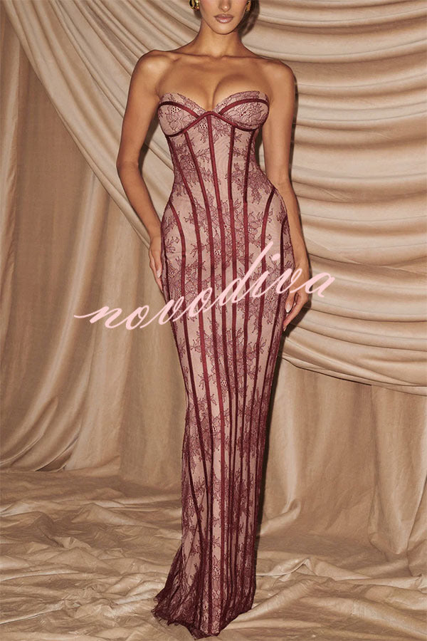 Vestido largo Sian palabra de honor de encaje floral con detalle estructurado en contraste, abertura y lazada en la espalda