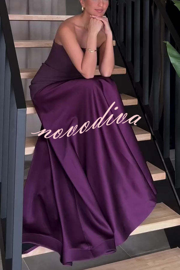 Vestido largo de gala palabra de honor de satén con paneles y vuelo, elegancia atemporal