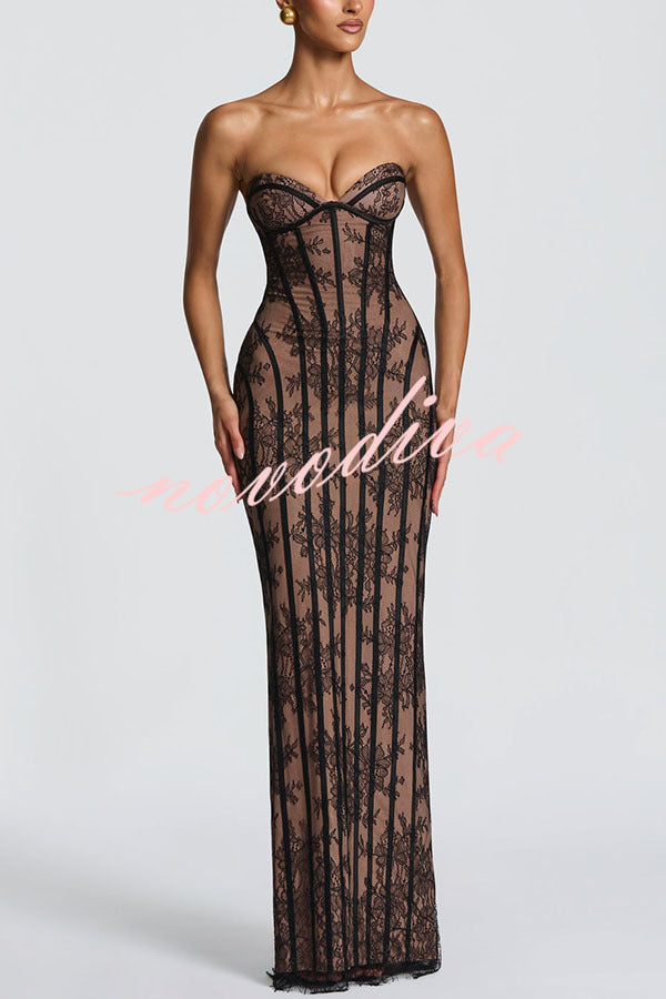 Vestido largo Sian palabra de honor de encaje floral con detalle estructurado en contraste, abertura y lazada en la espalda