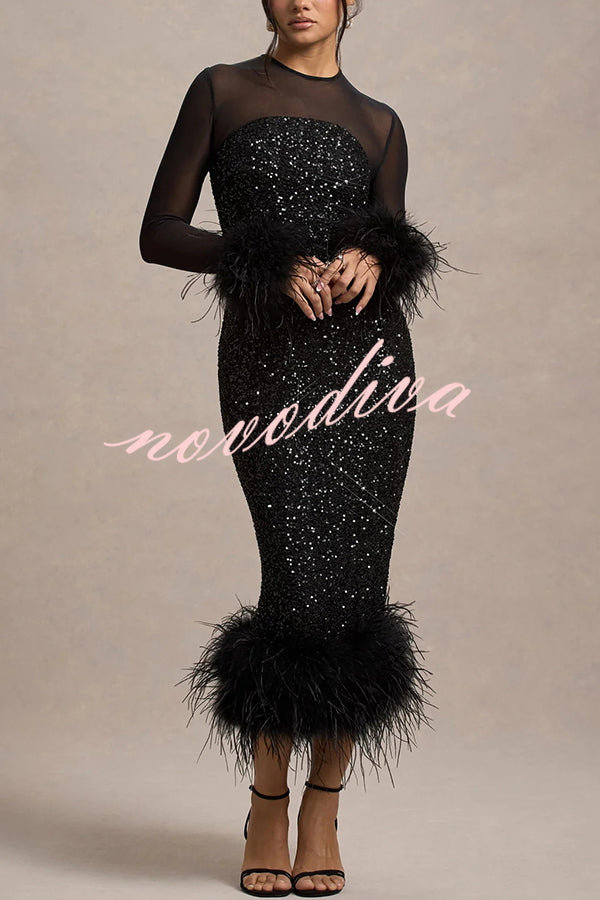 Vestido midi elástico Glamour y Drama de malla con patchwork de lentejuelas y ribete de plumas