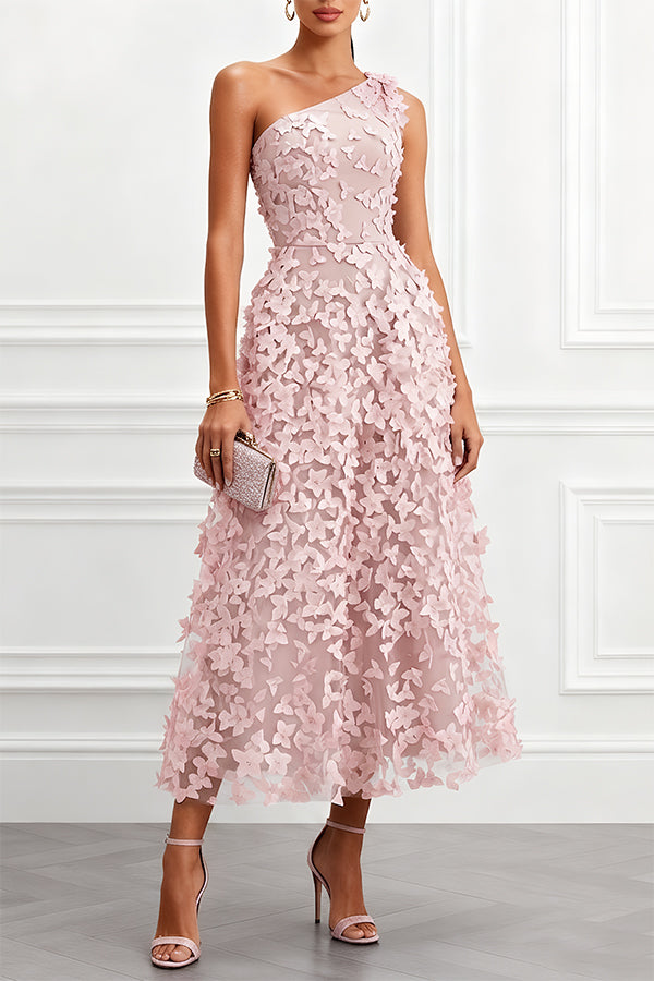Vestido midi evasé Lynelle de tul con flores y mariposas 3D, asimétrico de un hombro y sin mangas