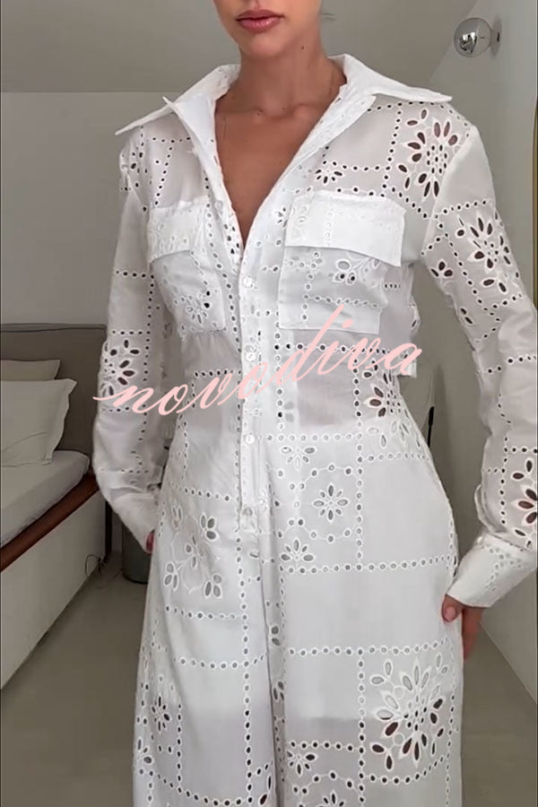Mono camisero holgado Vivi de encaje bordado con aberturas, manga larga, bolsillos y cintura elástica