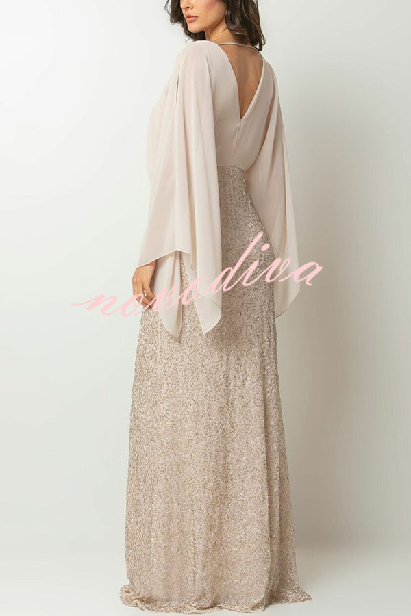 Vestido largo Aleina de gasa con manga murciélago, flores bordadas y cintura de lentejuelas