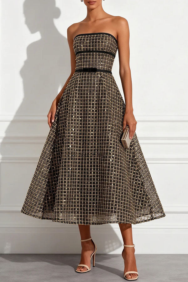 Vestido midi evasé palabra de honor de cuadros y lentejuelas con detalle de lazo
