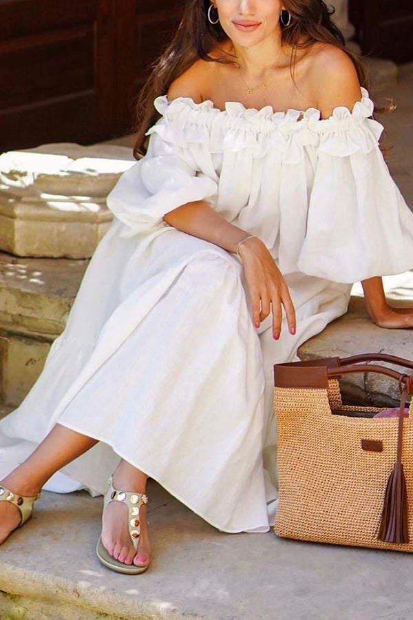 Vestido midi Francisca en mezcla de lino con hombros descubiertos, volantes, manga abullonada y bolsillos