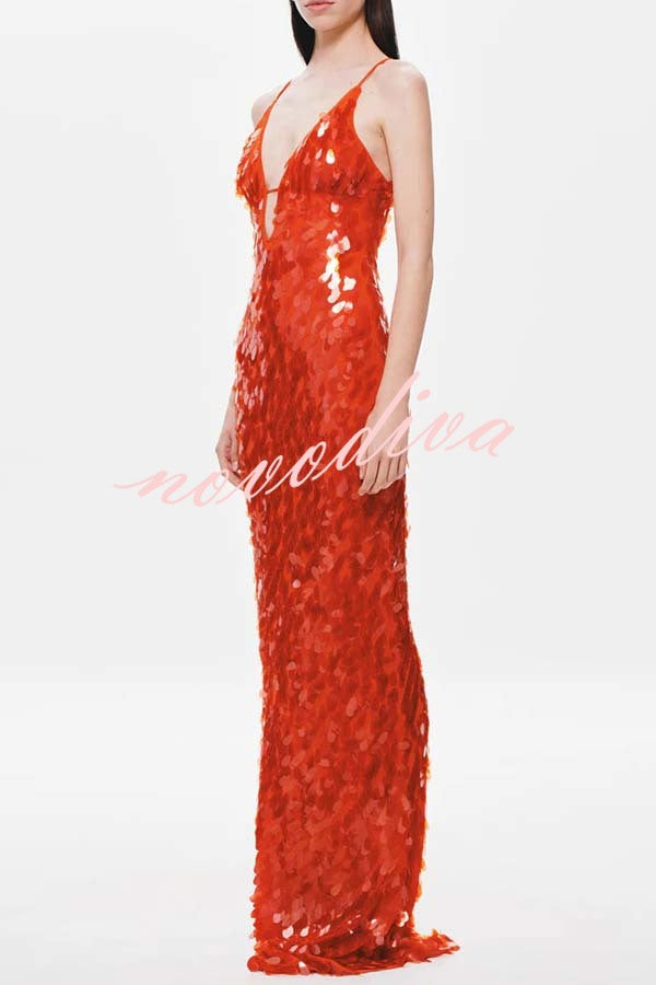 Vestido largo lencero Belleza Renovada de lentejuelas de escamas con escote en U y aberturas