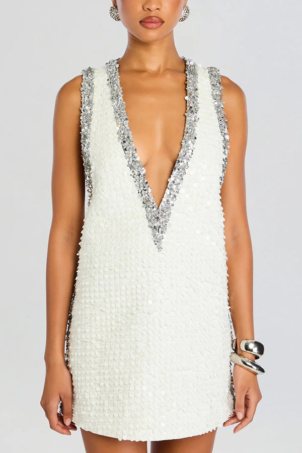 Minivestido Cocktail Charm de lentejuelas con ribete en bloques de color, escote en V, sin mangas y corte en A