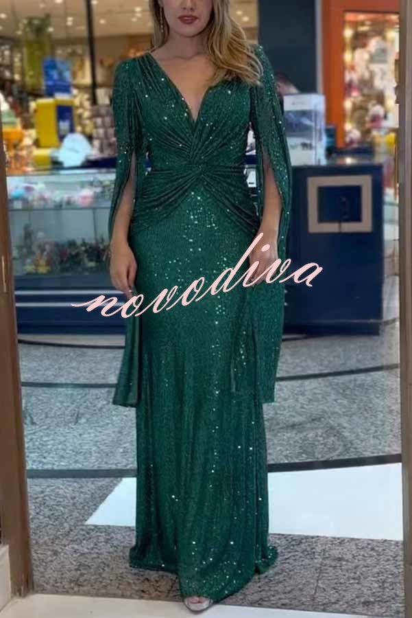 Vestido largo de noche Brilla Más de lentejuelas con manga capa y cintura cruzada