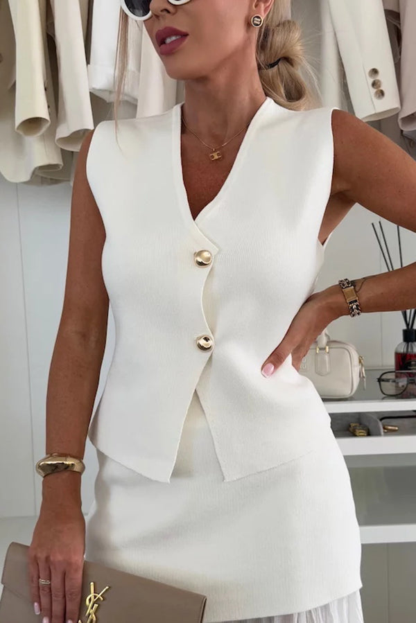 Chaleco holgado de punto con escote en V y botones dorados, elegante y con estilo