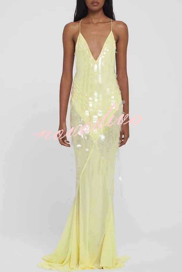 Vestido largo lencero Noche Perfecta de lentejuelas bordadas con espalda descubierta y bajo drapeado de tul