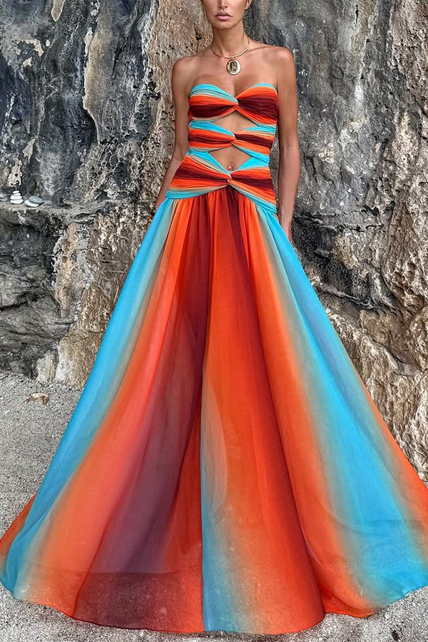 Vestido largo Atardecer en Cerdeña de malla estampada con hombros descubiertos, torsión y abertura, ideal para vacaciones