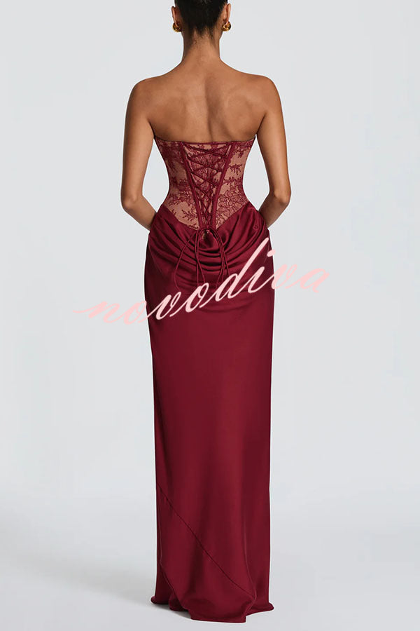 Vestido largo Kathleen palabra de honor de encaje floral con detalle estructurado en contraste, lazada en la espalda y bajo de satén