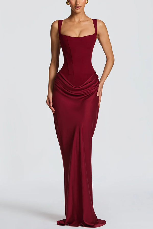 Vestido largo Larrah con escote cuadrado, lazada en la espalda y bajo drapeado de satén