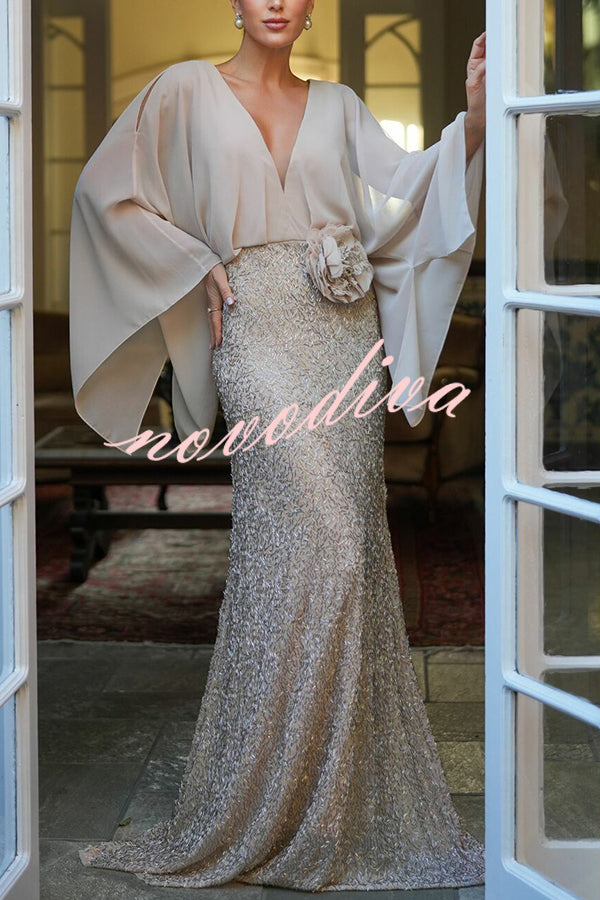 Vestido largo Aleina de gasa con manga murciélago, flores bordadas y cintura de lentejuelas