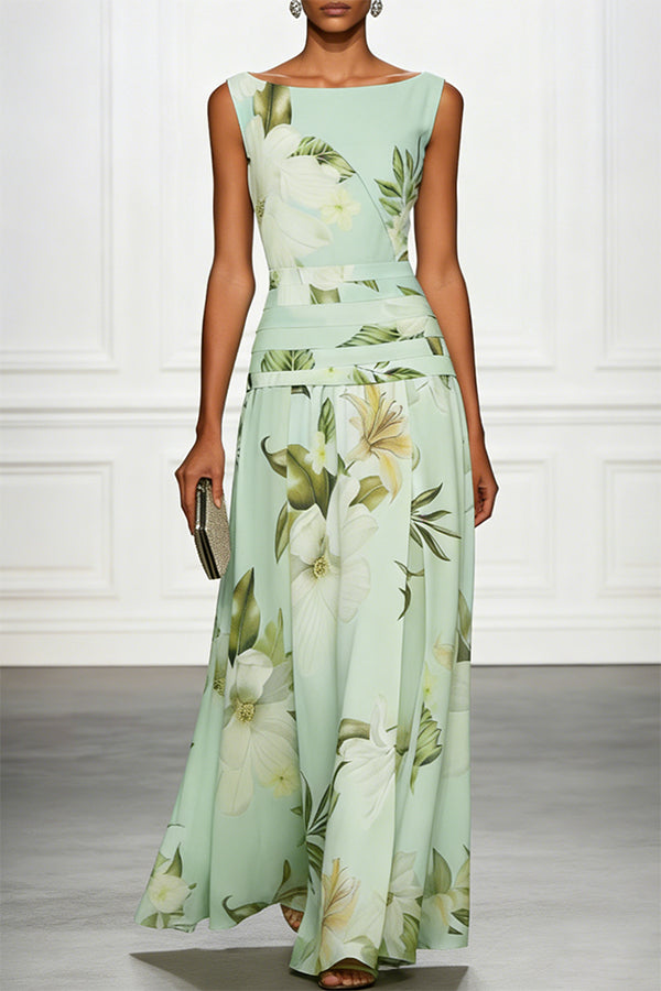 Vestido largo clásico con estampado floral, escote barco, cintura fruncida, sin mangas y corte en A
