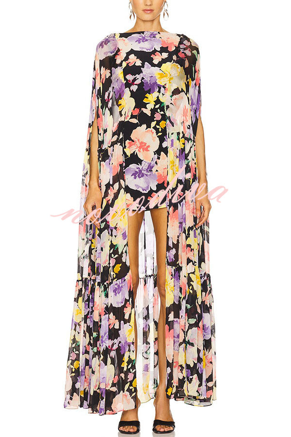 Vestido largo con capa Garden Party con estampado floral en contraste y bajo asimétrico
