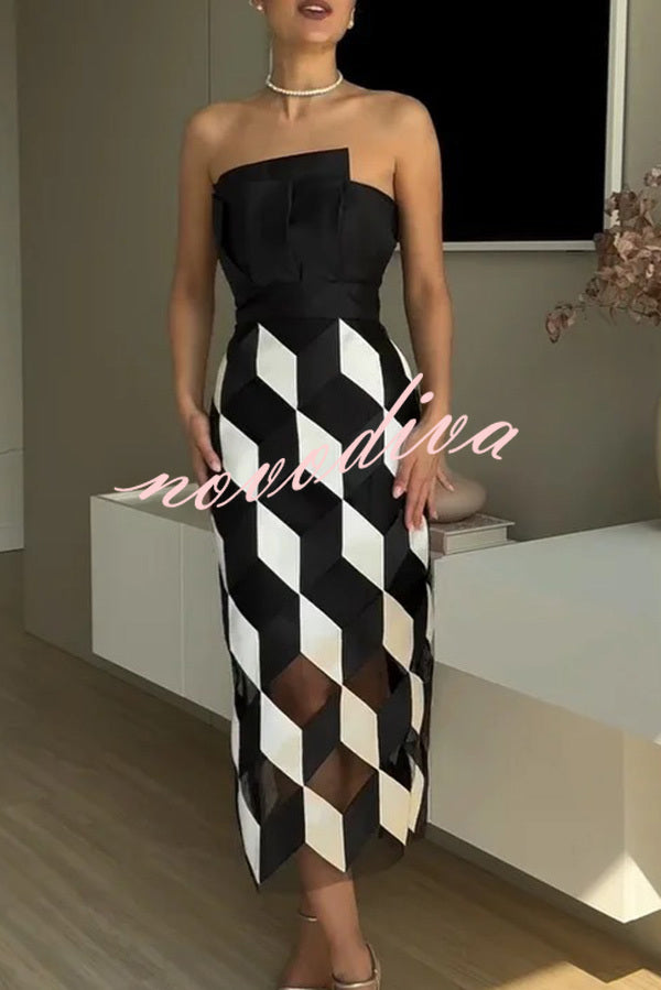 Vestido midi sexy palabra de honor con espalda descubierta y rombos en contraste