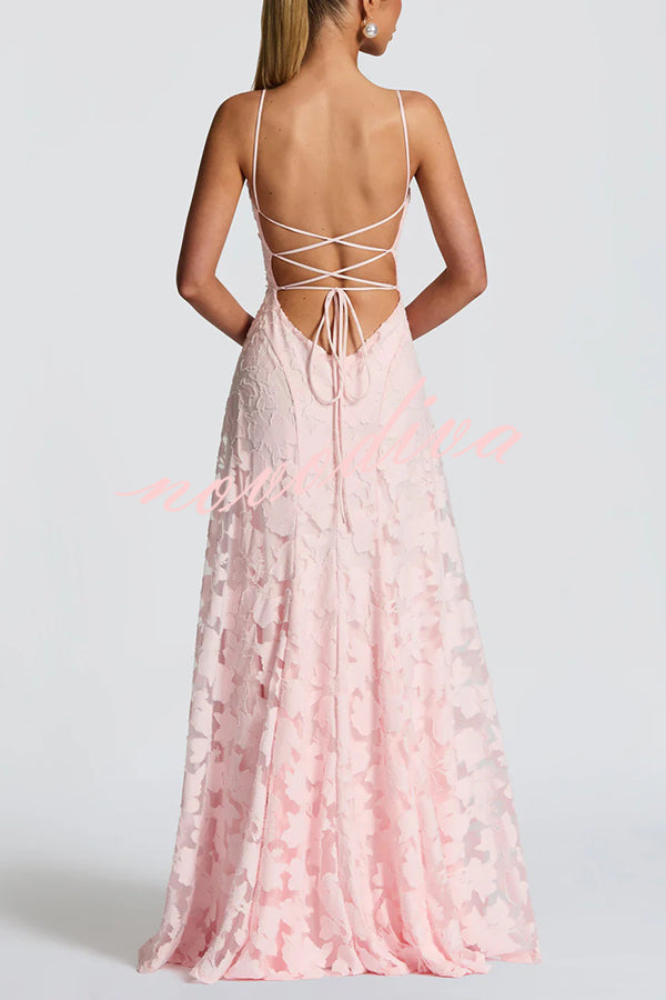 Vestido largo Francis de tejido devoré floral exclusivo con cuello caído y lazada en la espalda