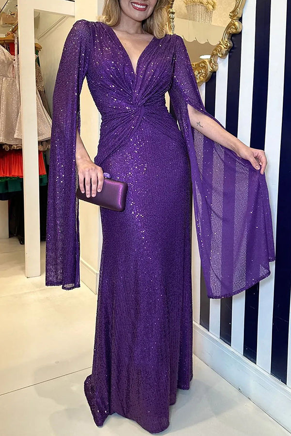 Vestido largo de noche Brilla Más de lentejuelas con manga capa y cintura cruzada