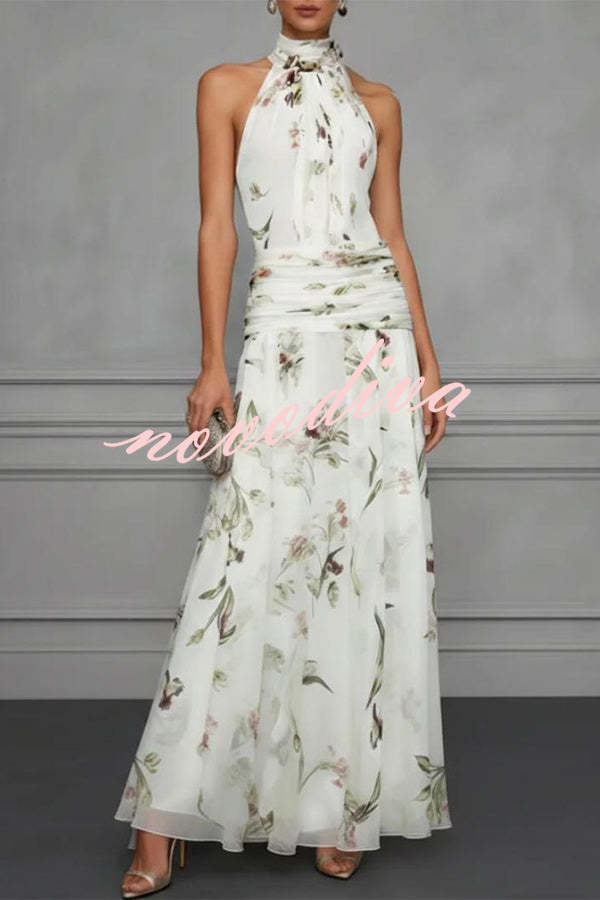 Vestido Aria floral halter fruncido