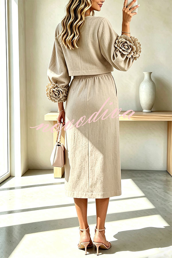 Conjunto de mezcla de lino de blusa con botones de flor y puños florales y falda midi con cintura elástica y bolsillos
