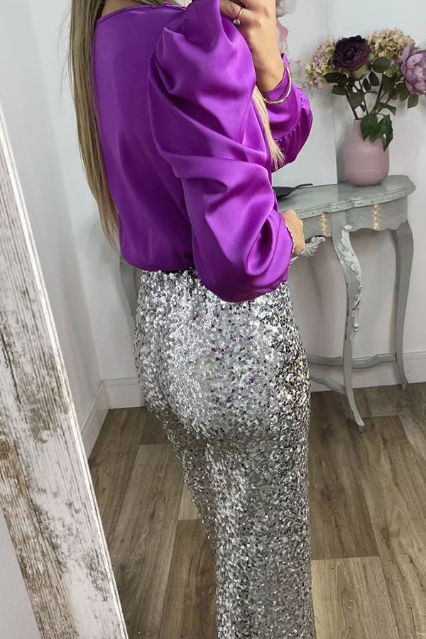 Pantalón ancho Glamour Deslumbrante de lentejuelas de talle alto con cintura elástica