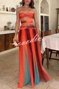 Vestido largo Atardecer en Cerdeña de malla estampada con hombros descubiertos, torsión y abertura, ideal para vacaciones