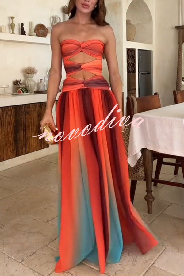 Vestido largo Atardecer en Cerdeña de malla estampada con hombros descubiertos, torsión y abertura, ideal para vacaciones