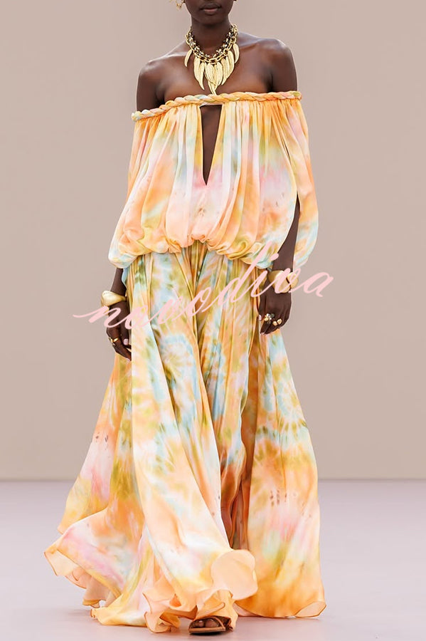 Vestido largo Precioso Sueño de los 70 drapeado con estampado tie-dye, hombros descubiertos y aberturas con trenzas