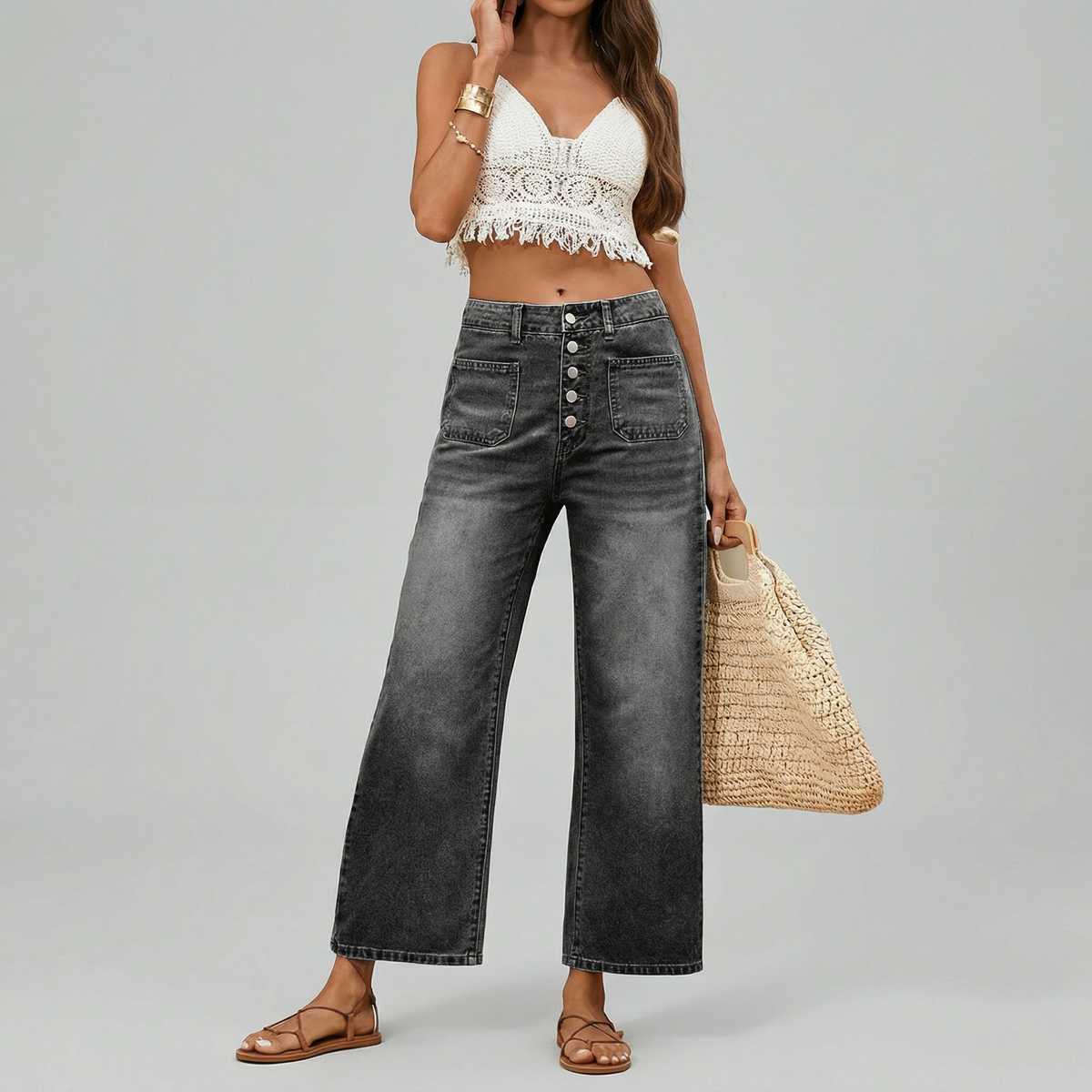 Vaqueros de mujer cropped de pierna ancha con botones y cintura elástica | Denim relajado