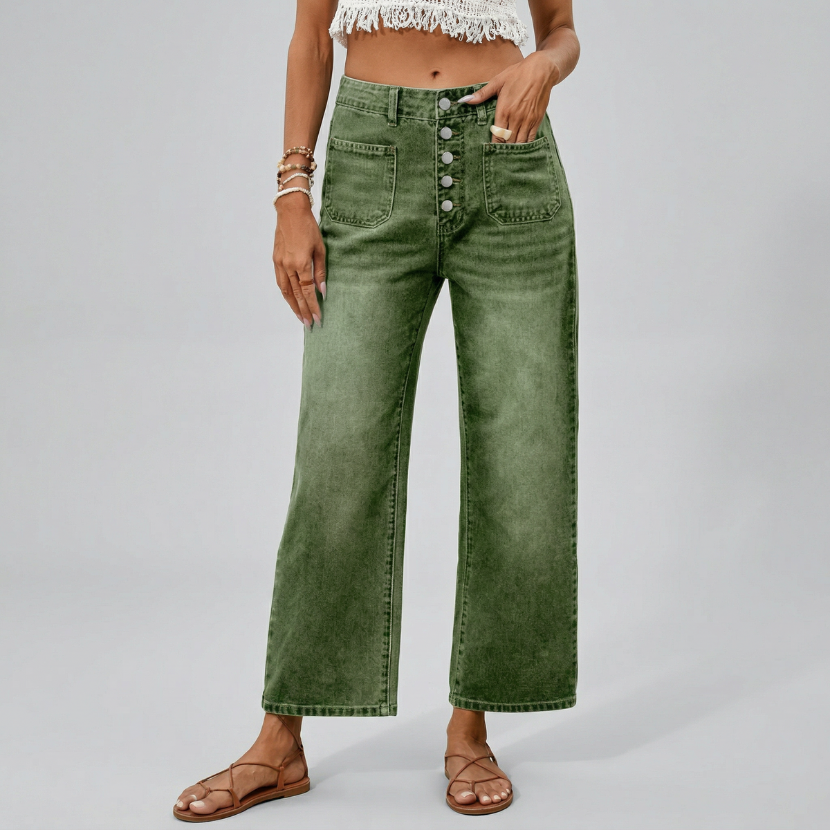 Vaqueros de mujer cropped de pierna ancha con botones y cintura elástica | Denim relajado