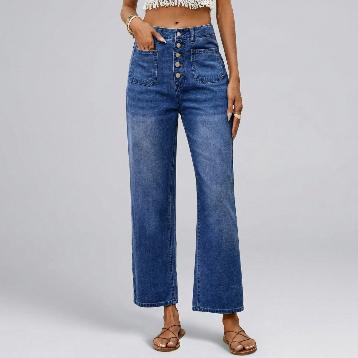 Vaqueros de mujer cropped de pierna ancha con botones y cintura elástica | Denim relajado