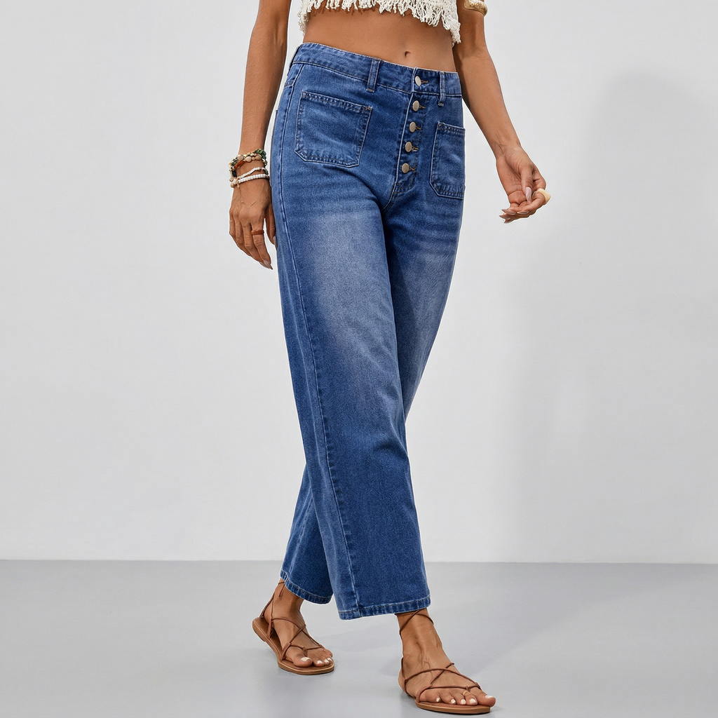 Vaqueros de mujer cropped de pierna ancha con botones y cintura elástica | Denim relajado