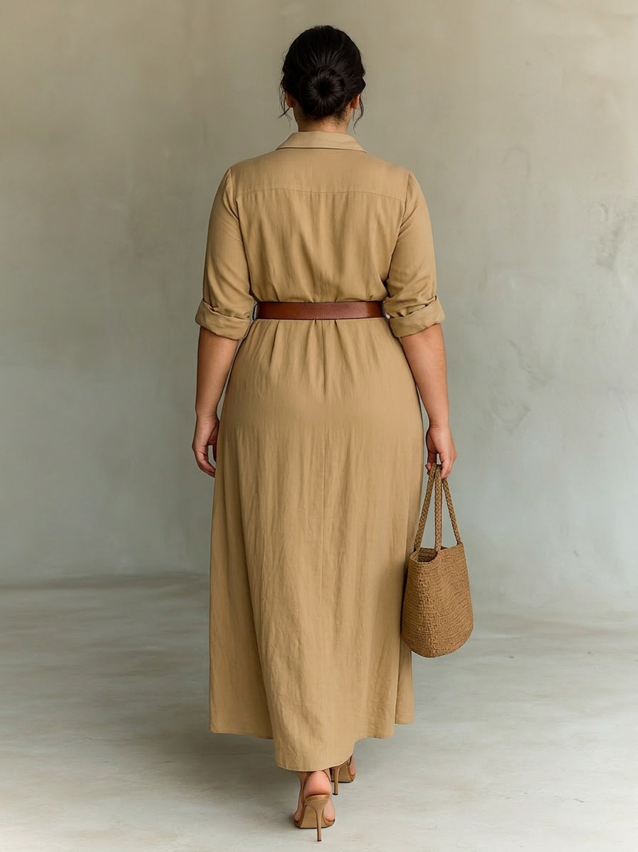 Vestido Largo con Cuello Solapa y Manga Larga para Mujer