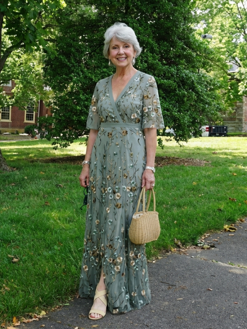 Evadne | Vestido Maxi Floral de Manga Corta y Escote en V