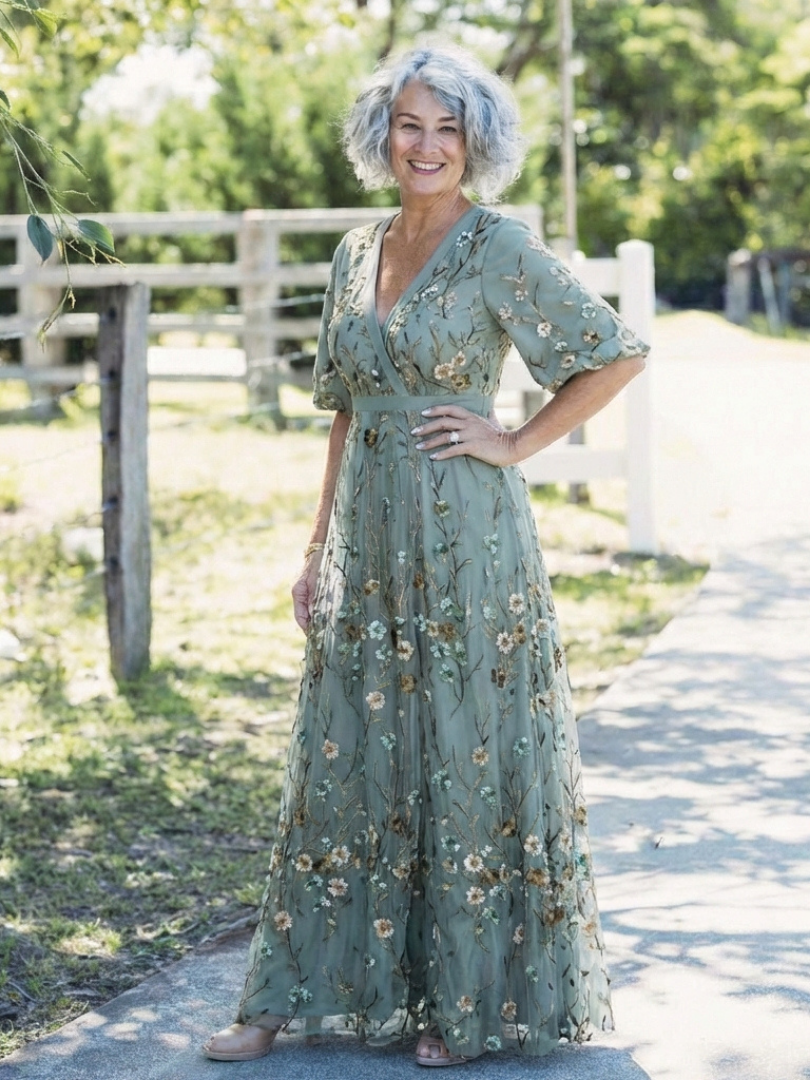 Evadne | Vestido Maxi Floral de Manga Corta y Escote en V